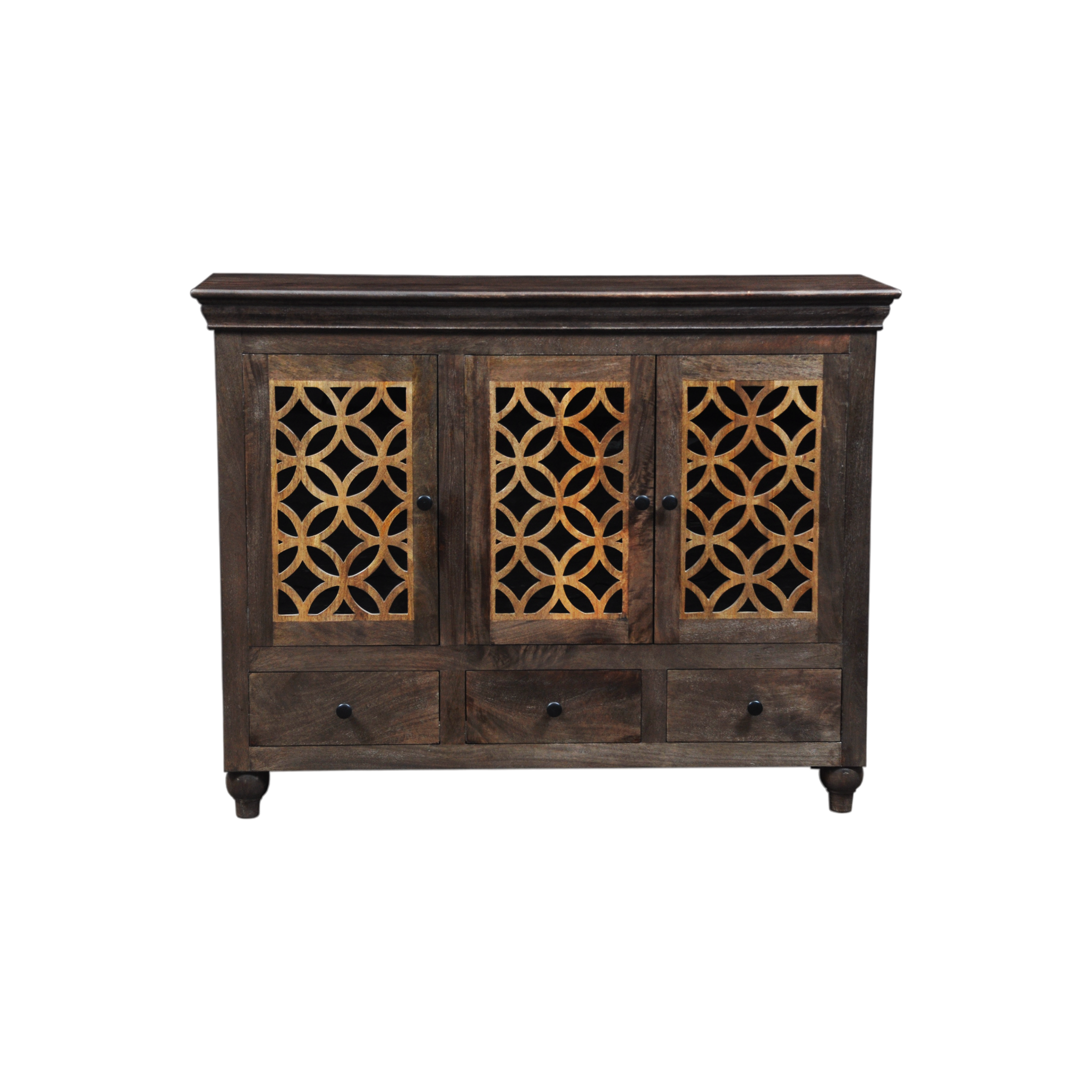The Caprice 3-Door Cabinet | Hand-Carved Wood Cabinet with Glass Panels