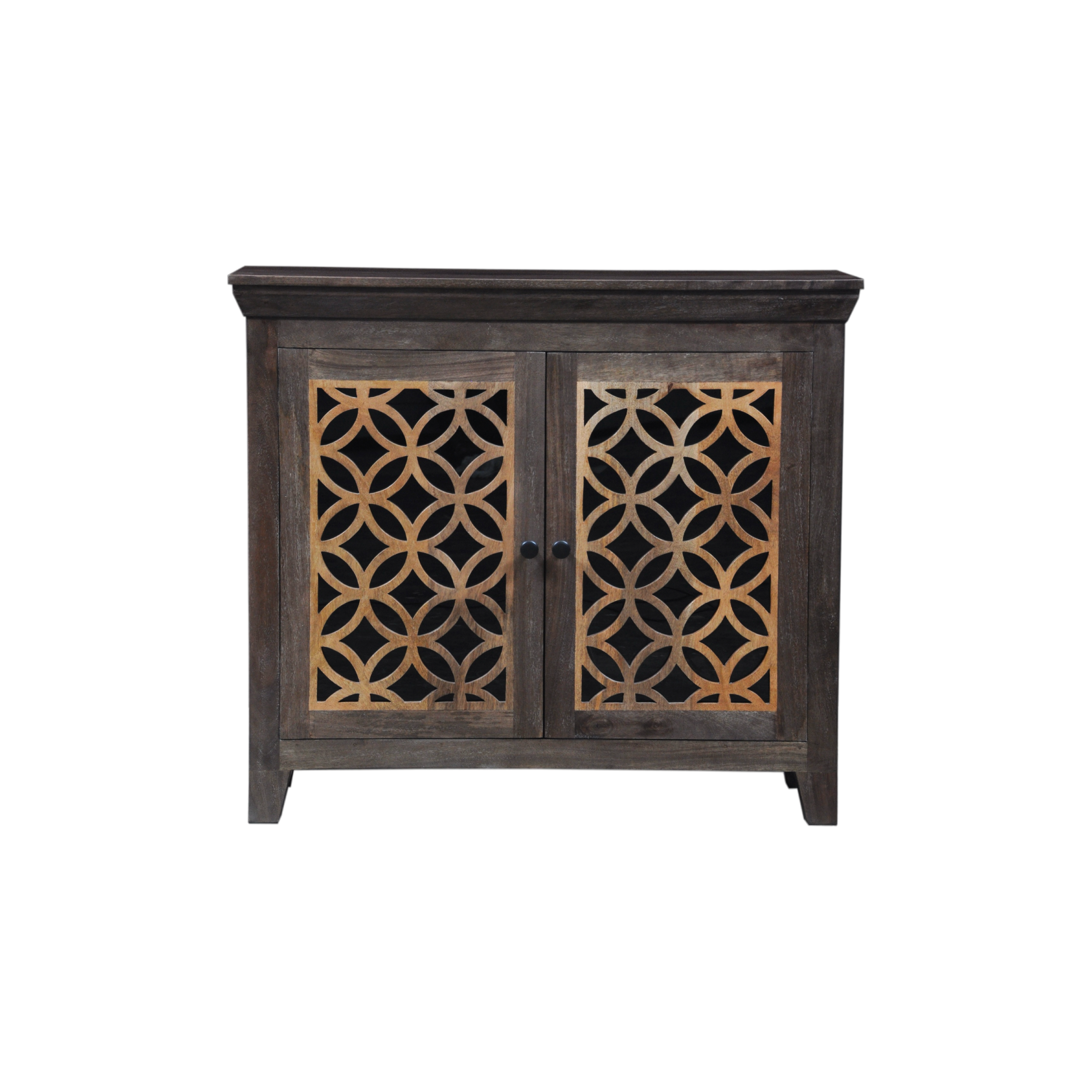 The Caprice 2-Door Cabinet | Small Hand-Carved Cabinet with Glass Panels