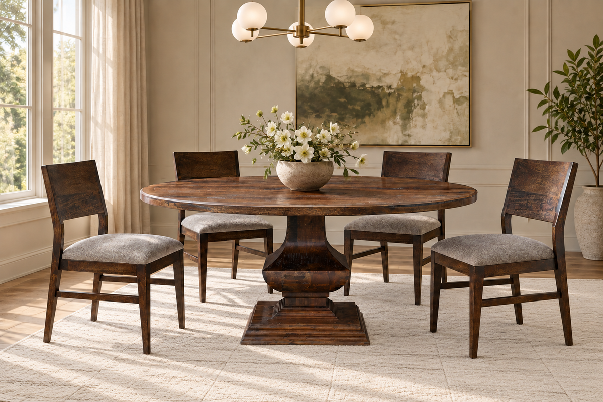 Ashford round dining table in a formal dining room lifestyle rendering