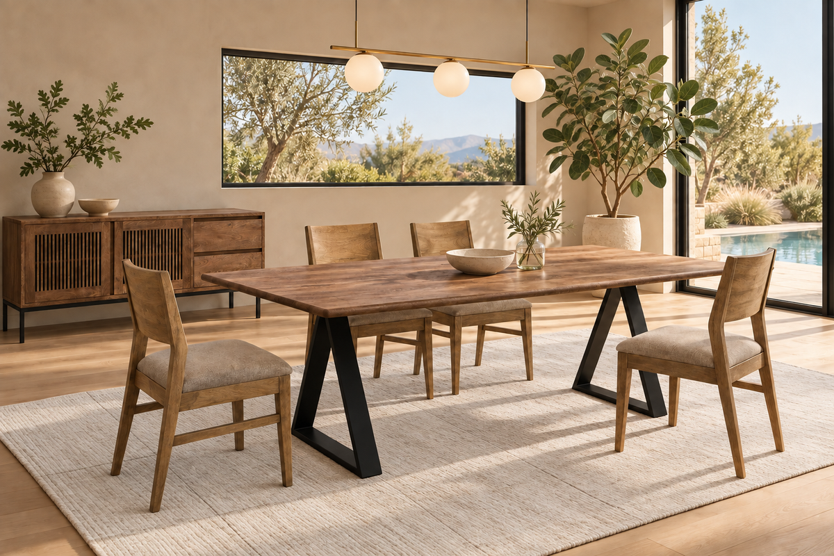 Solis 84-inch dining table with OXO Urban Walnut chairs and Marcell cabinet in a pool-view dining room lifestyle rendering