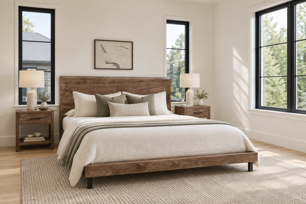 Emery one-drawer nightstands with a Terra king bed in a naturally lit bedroom lifestyle visualization.